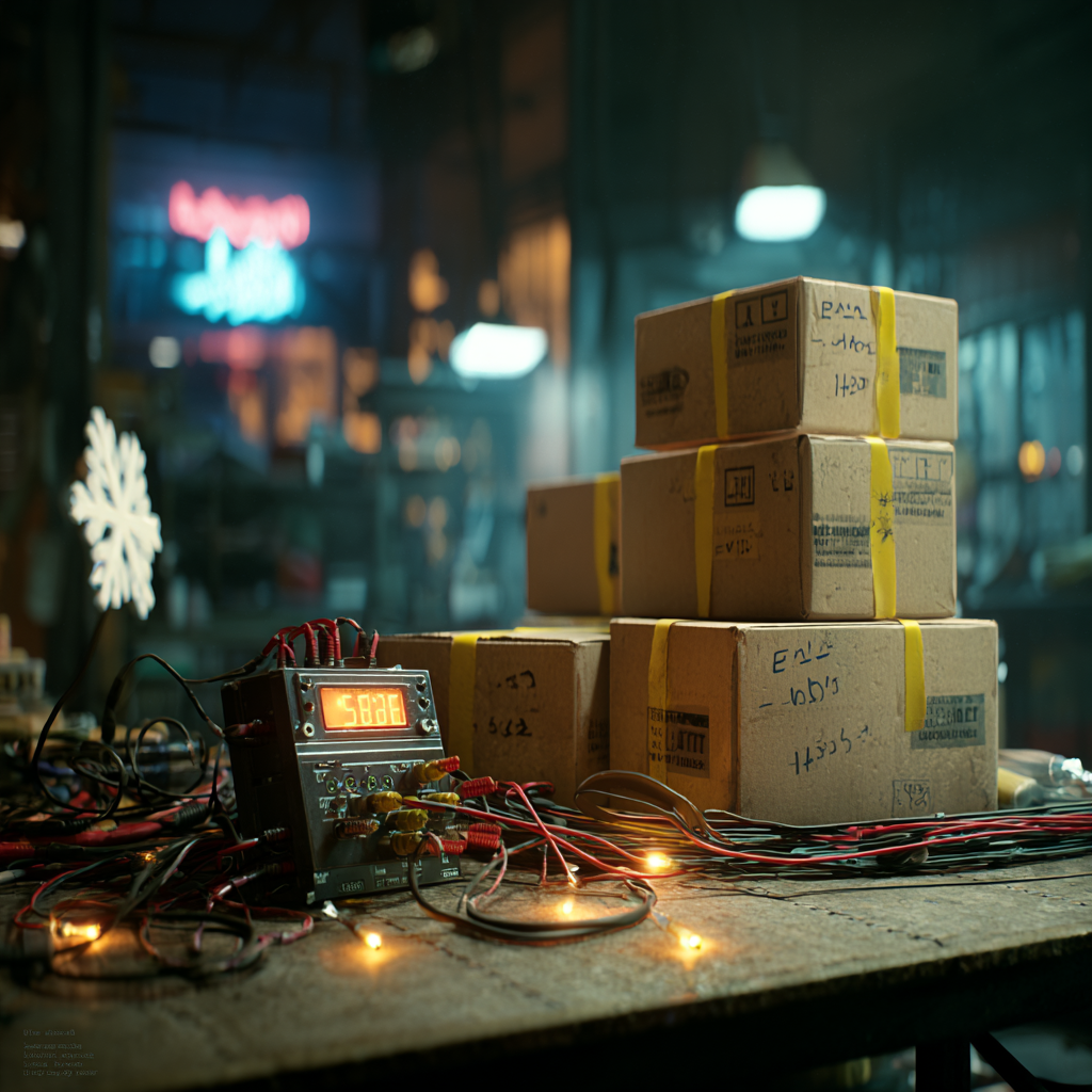 Garage workbench with soldering iron, RGB pixels, and shipping boxes with yellow tape, representing the Full Boar Labs Holiday Lighting collection.