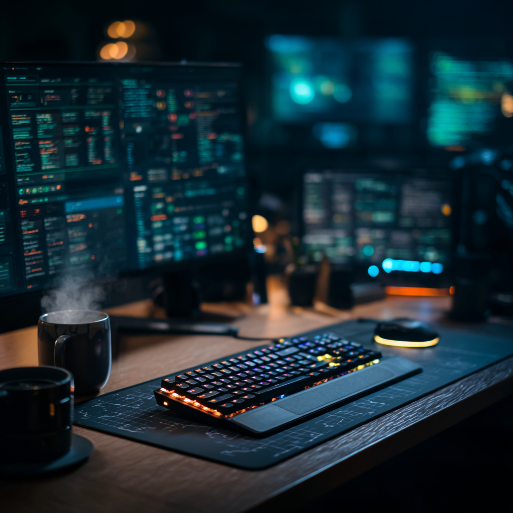 Dark mode computer desk setup with mechanical keyboard, multiple monitors displaying code, and a coffee mug, representing the Full Boar Labs Tech and Coding collection.