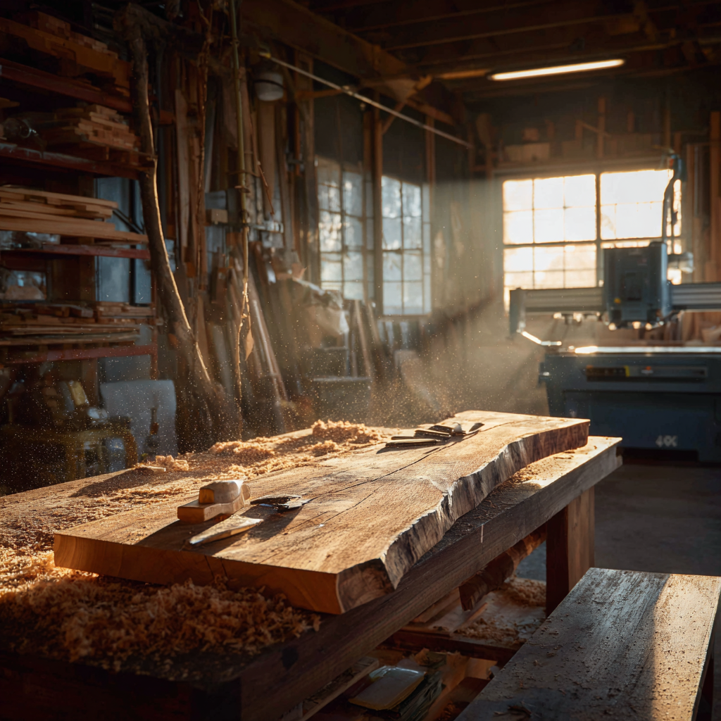Sunlit woodworking workshop featuring a live edge walnut slab covered in sawdust with a CNC machine in the background, representing the Full Boar Labs Woodworker Collection.