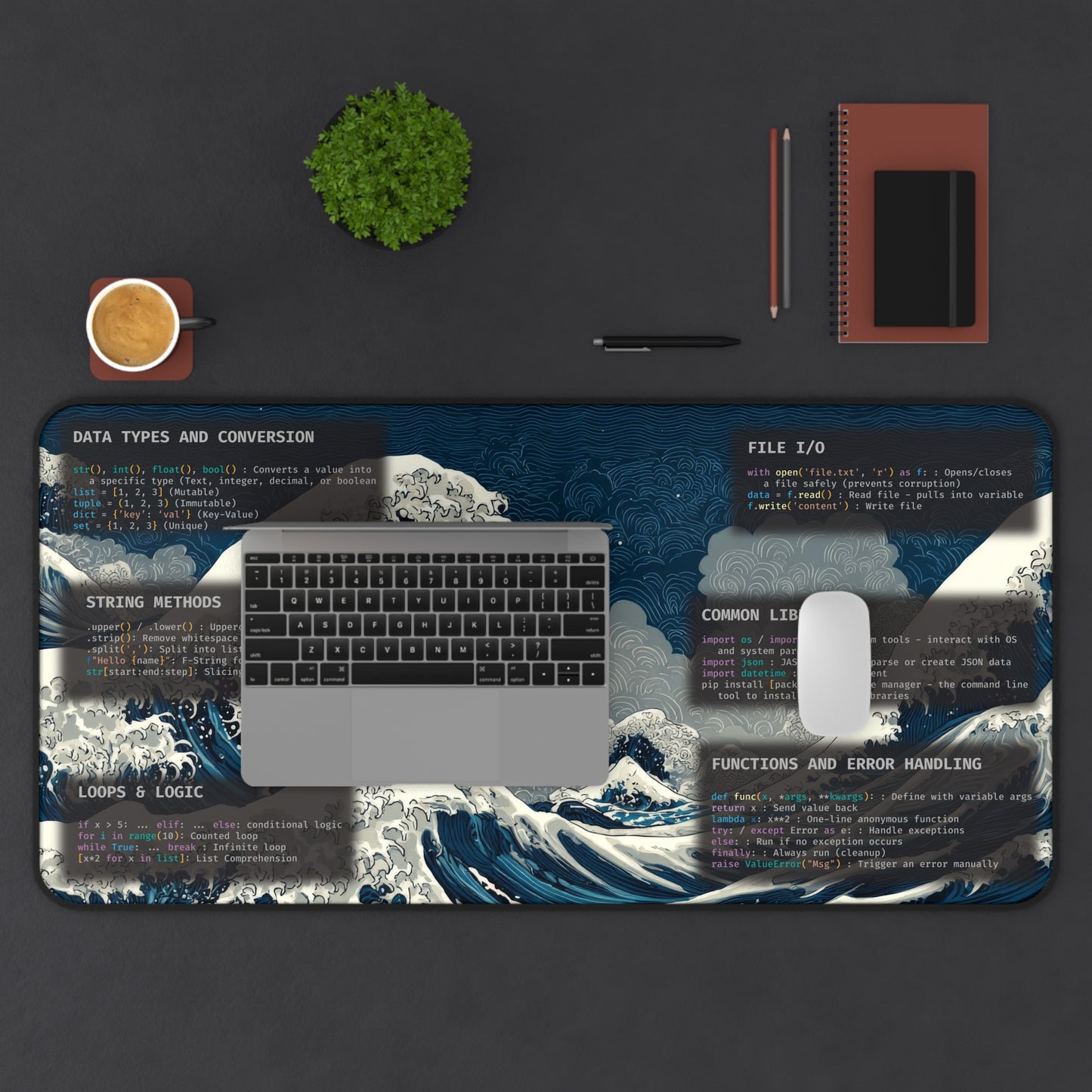 Python Cheat Sheet Desk Mat | Great Wave Coding Mousepad | Data Science Gift | Developer Syntax Guide | Large Programmer Desk Pad | Japanese Art