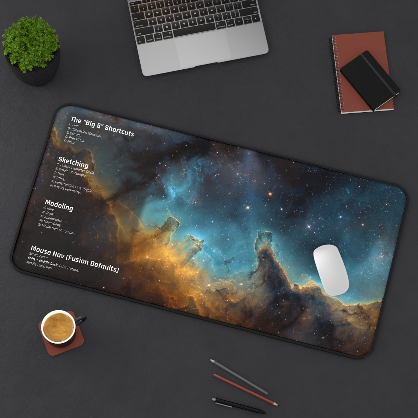 Fusion 360 Cheat Sheet Desk Mat | CAD Designer Mousepad | Nebula Space Art | 3D Printing & Maker Gift | Engineering Keyboard Pad | Shortcuts