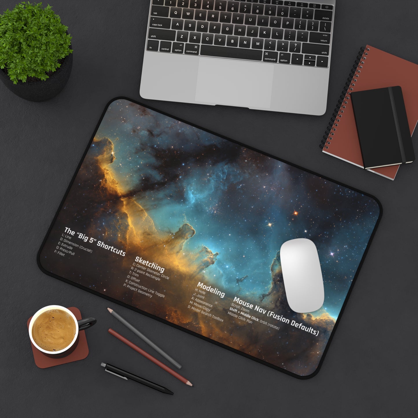Fusion 360 Cheat Sheet Desk Mat | CAD Designer Mousepad | Nebula Space Art | 3D Printing & Maker Gift | Engineering Keyboard Pad | Shortcuts