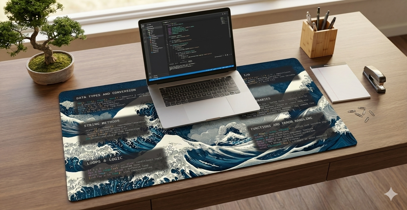 Python Cheat Sheet Desk Mat | Great Wave Coding Mousepad | Data Science Gift | Developer Syntax Guide | Large Programmer Desk Pad | Japanese Art