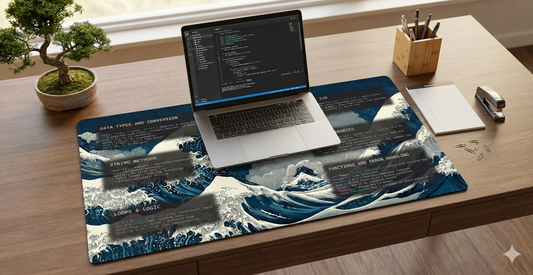 Python Cheat Sheet Desk Mat | Great Wave Coding Mousepad | Data Science Gift | Developer Syntax Guide | Large Programmer Desk Pad | Japanese Art