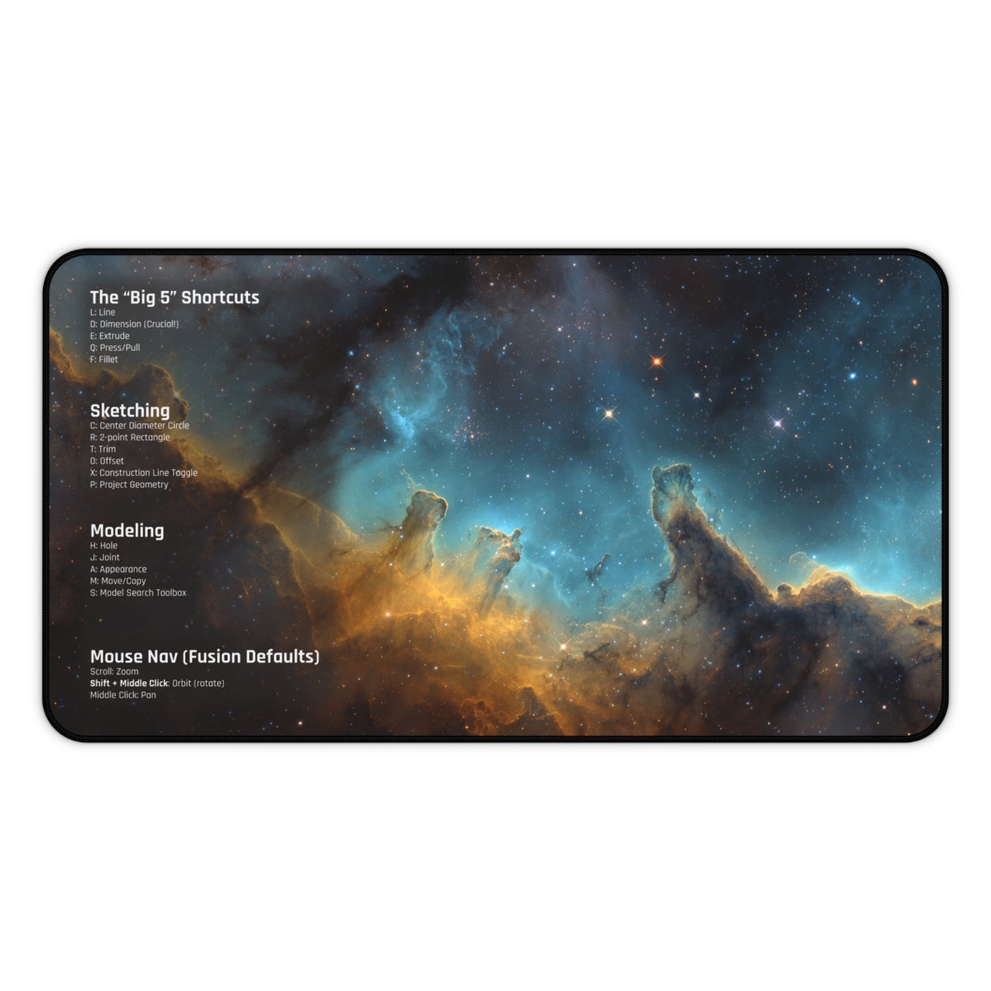 Fusion 360 Cheat Sheet Desk Mat | CAD Designer Mousepad | Nebula Space Art | 3D Printing & Maker Gift | Engineering Keyboard Pad | Shortcuts