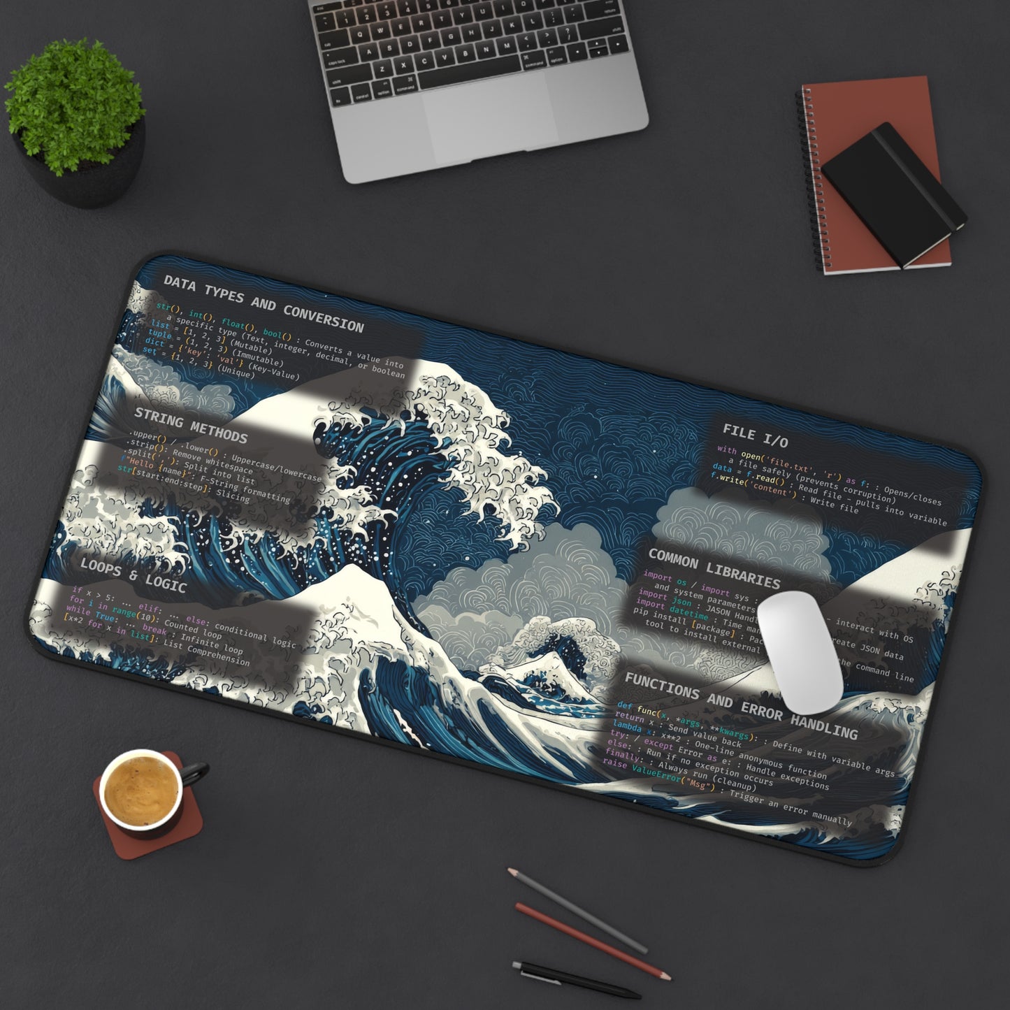 Python Cheat Sheet Desk Mat | Great Wave Coding Mousepad | Data Science Gift | Developer Syntax Guide | Large Programmer Desk Pad | Japanese Art