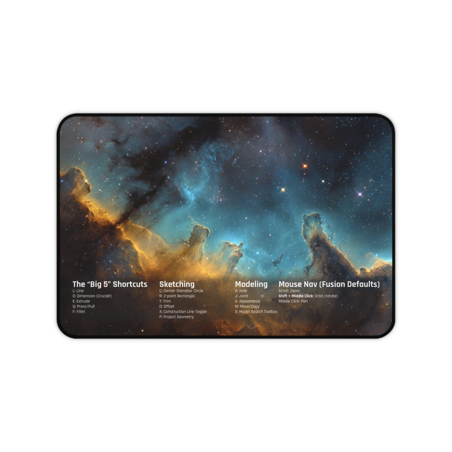 Fusion 360 Cheat Sheet Desk Mat | CAD Designer Mousepad | Nebula Space Art | 3D Printing & Maker Gift | Engineering Keyboard Pad | Shortcuts