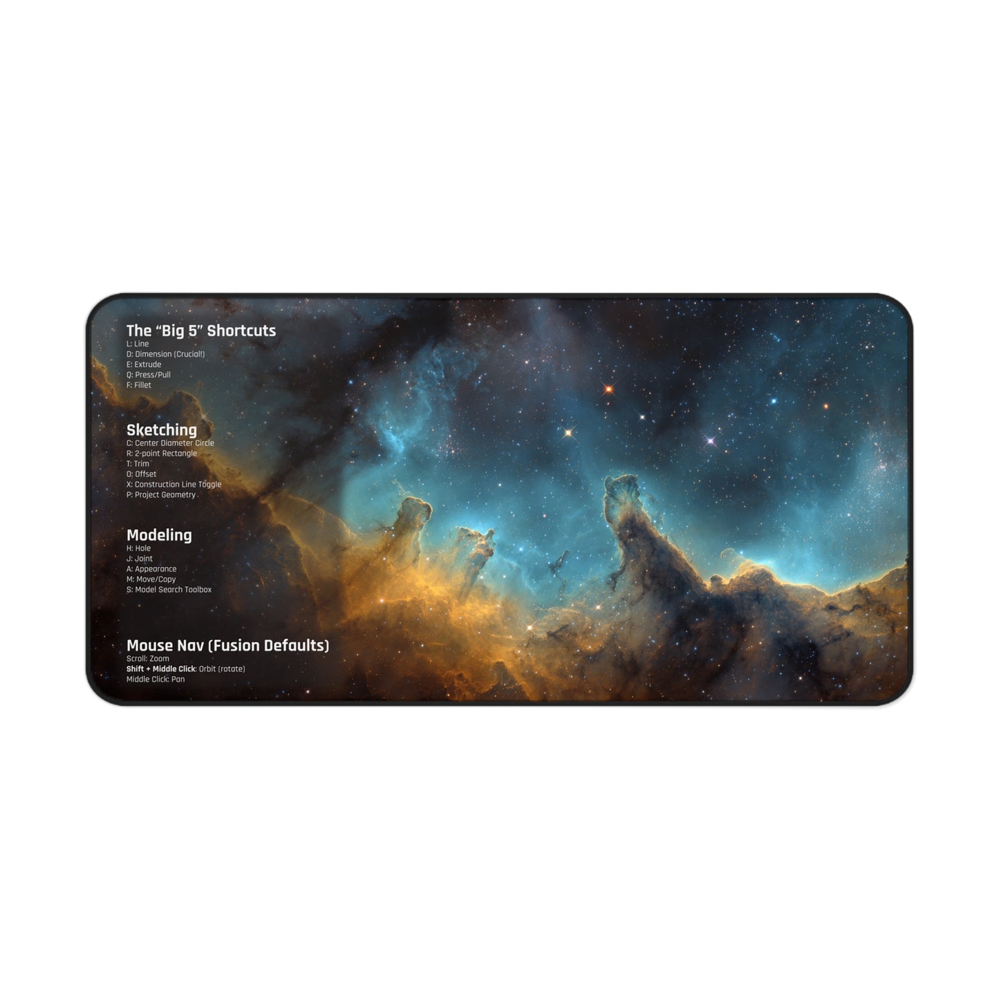 Fusion 360 Cheat Sheet Desk Mat | CAD Designer Mousepad | Nebula Space Art | 3D Printing & Maker Gift | Engineering Keyboard Pad | Shortcuts