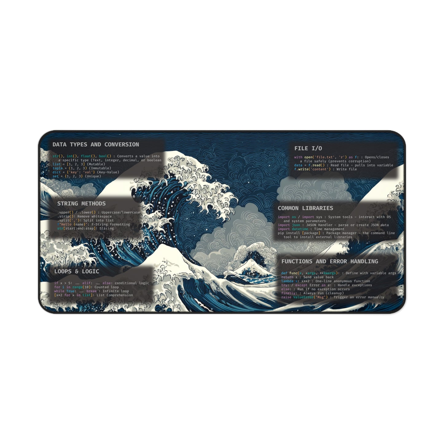Python Cheat Sheet Desk Mat | Great Wave Coding Mousepad | Data Science Gift | Developer Syntax Guide | Large Programmer Desk Pad | Japanese Art