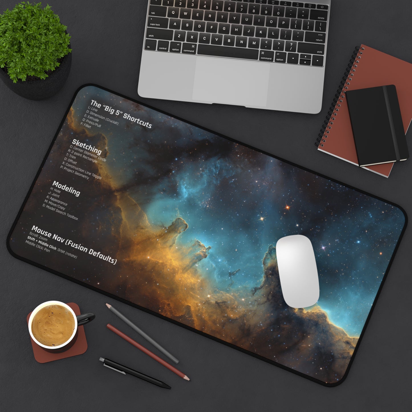 Fusion 360 Cheat Sheet Desk Mat | CAD Designer Mousepad | Nebula Space Art | 3D Printing & Maker Gift | Engineering Keyboard Pad | Shortcuts