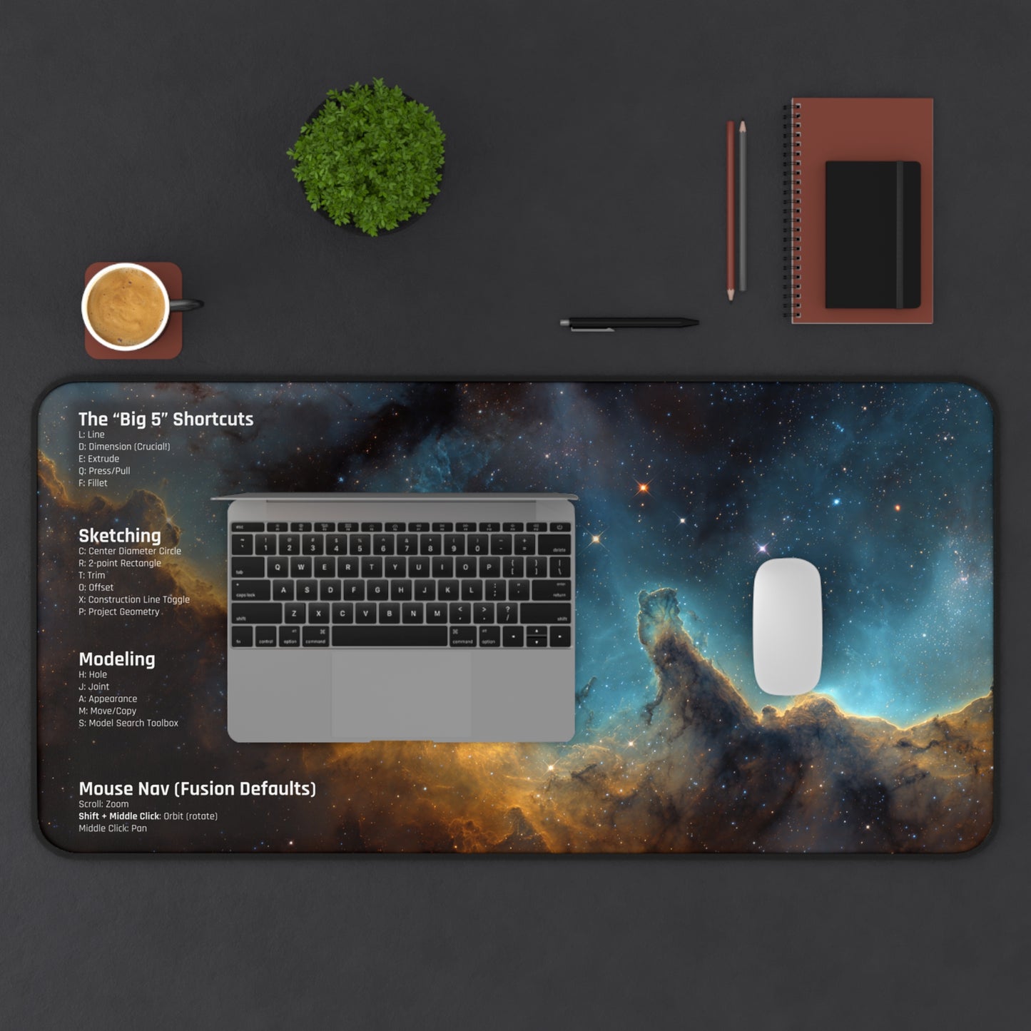 Fusion 360 Cheat Sheet Desk Mat | CAD Designer Mousepad | Nebula Space Art | 3D Printing & Maker Gift | Engineering Keyboard Pad | Shortcuts